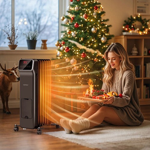 1500W Oil Filled Radiator Heater with Remote Control 3 Modes 24H Timer-Black - C - Picture 3 of 5