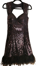 Guess Los Angeles Women's Black W/Purple Sequin Fitted Feather Trim Dress Size 2