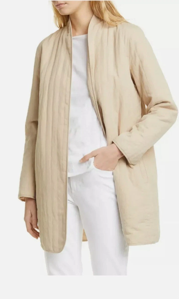 Eileen Fisher Quilted Tencel Linen Khaki High Back Open Front Jacket LG NWT  $378