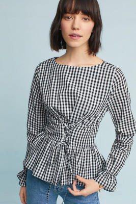 Anthropologie New Printed Corset Blouse gingham by Lea & Viola Size S NWT
