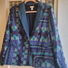 Chico's Women's Blue Green Paisley Print Button Front Blazer Jacket Size L 2