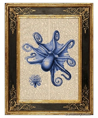 Blue Octopus #2 Art Print on Vintage Book Page Office Home Decor Tentacles Gifts