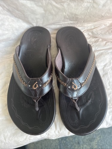 OluKai Men's Mea Ola Leather Sandals - Dark Java/Dark Brown Size 11 Flip Flops