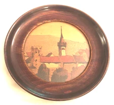 Vintage French Inlaid Wood Marquetry Artwork Small Round Frame Village Scene