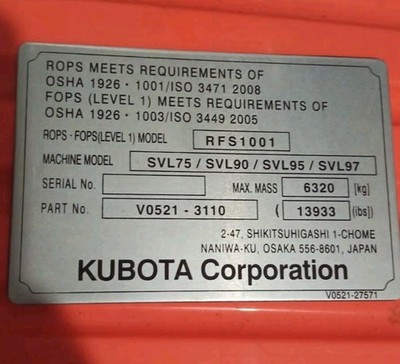 Fit For Kubota SVL75  ROPS MEETS Aluminum Data Plate Emblem  Blank