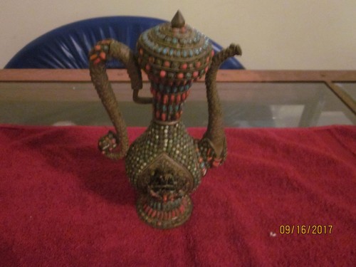 1 Antique Tibetan Green Goddess Brass Teapot w/ lapis and coral inlays