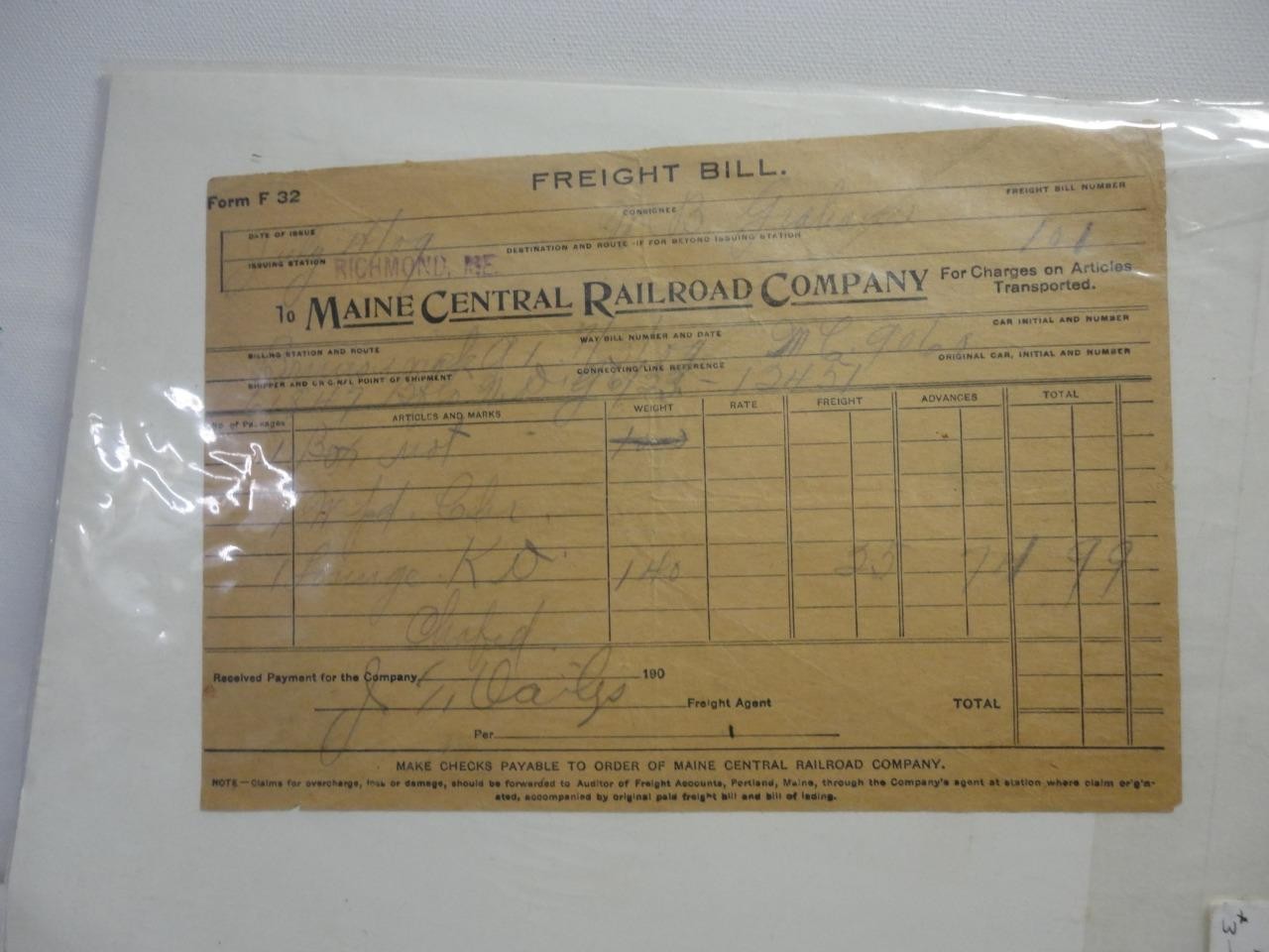 Vintage Early Maine Central Railroad Freight Bill from Richmond Maine