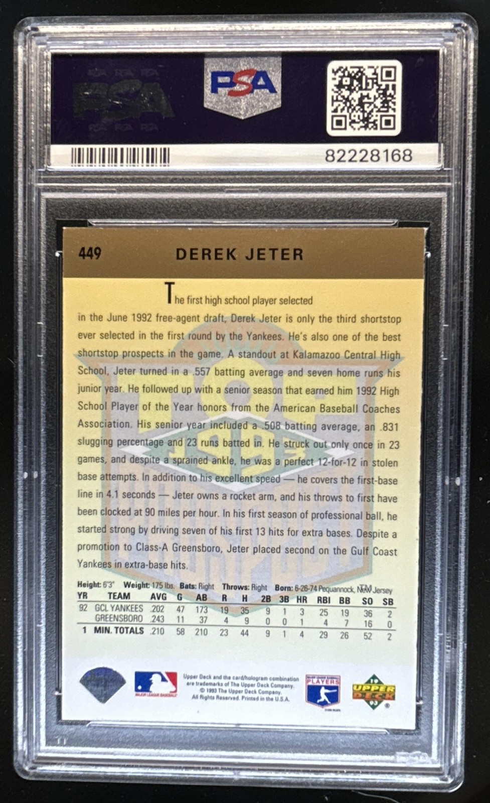 1993 Upper Deck Derek Jeter Rookie RC #449 New York Yankees PSA 8 view 2