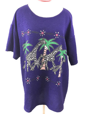 LA Lights blouse knit top size 2XL giraffe palm tree purple short sleeve texture