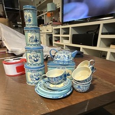 Wolverine Vintage USA Blue White Tin Toy Kitchen Set w/ Teapot Canisters