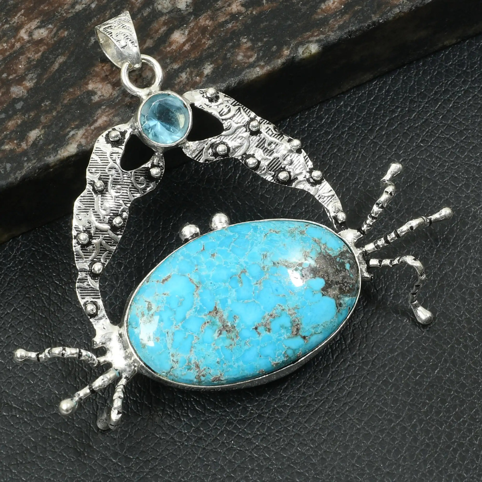 Turquoise Blue Topaz Gemstone Ethnic Handmade Crab Pendant Jewelry 2.4