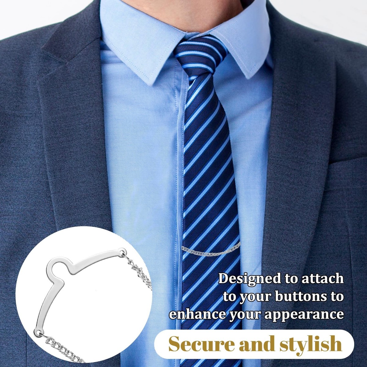3 Pack Tie Chain for Men, Necktie Chains with Ring Clasps, Elegant