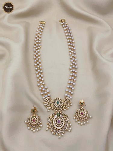 Gold Plated Long Necklace South Indian Pearl CZ Jewelry with Earrings Party Wear - Picture 5 of 14