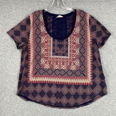 Lucky Brand Top Womens XL Navy Geometric Tile Print Boho Southwestern Tribal