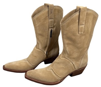 GIANNI BARBATO Velour Beige Ankle Leather Cowboy Boots Slip On Women's 37.5 US 7