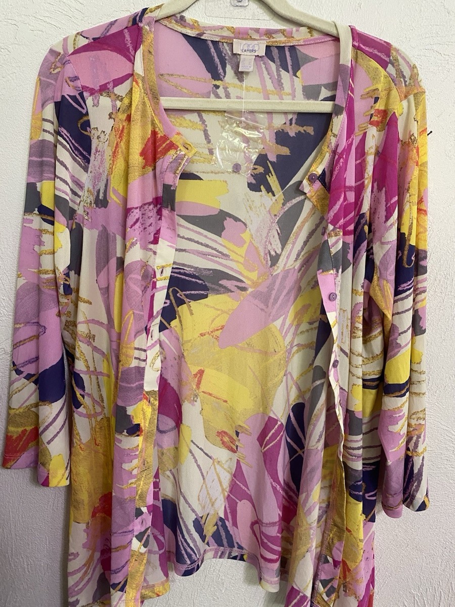 LOGO Lori Goldstein Womens Tunic Knit Top size large Floral Pink