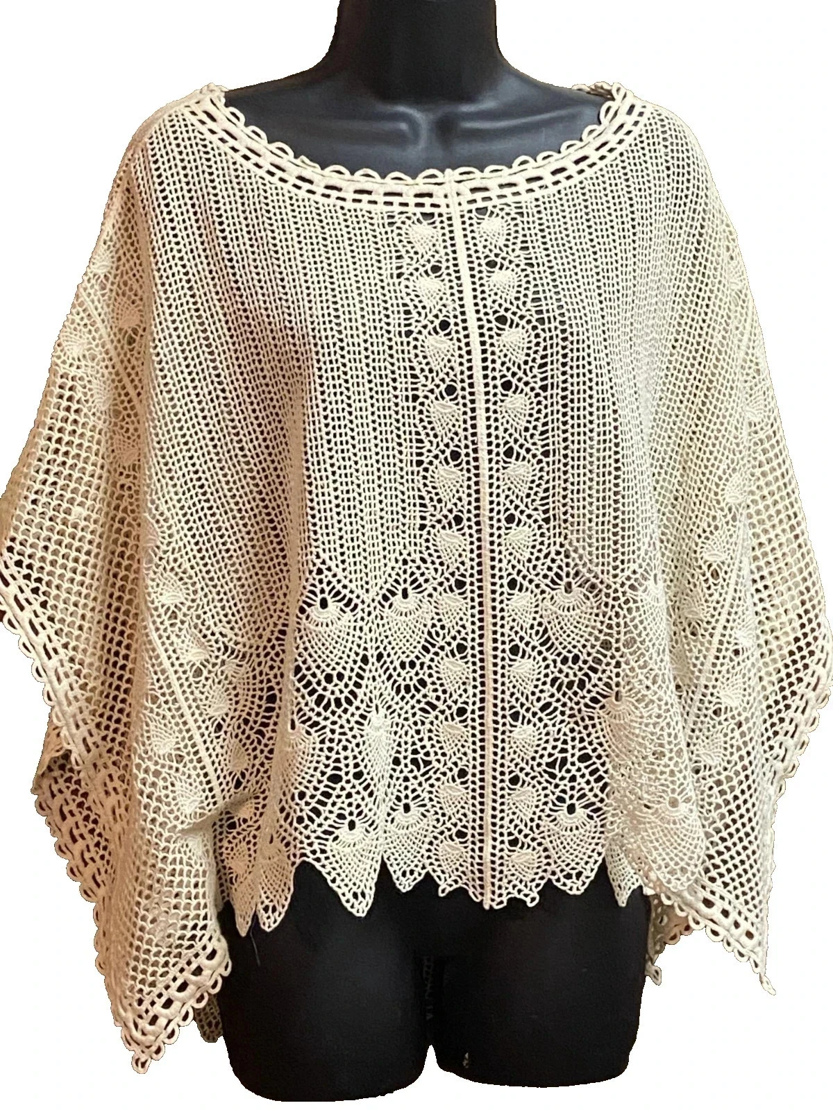Anthropologie Sparrow Cream Poncho Cover-Up Top Crocheted Dolman Sleeve XS/S