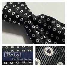 POLO RALPH LAUREN Silver Circle Donut Jacquard Black Silk Tie Hand Made Italy