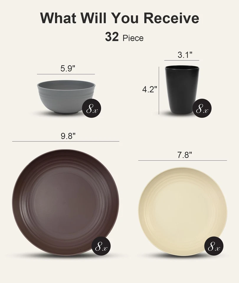 32 Piece Plates and Bowls Sets for 8, Unbreakable Dinnerware Sets, Plastic Di... - Image 2 of 4