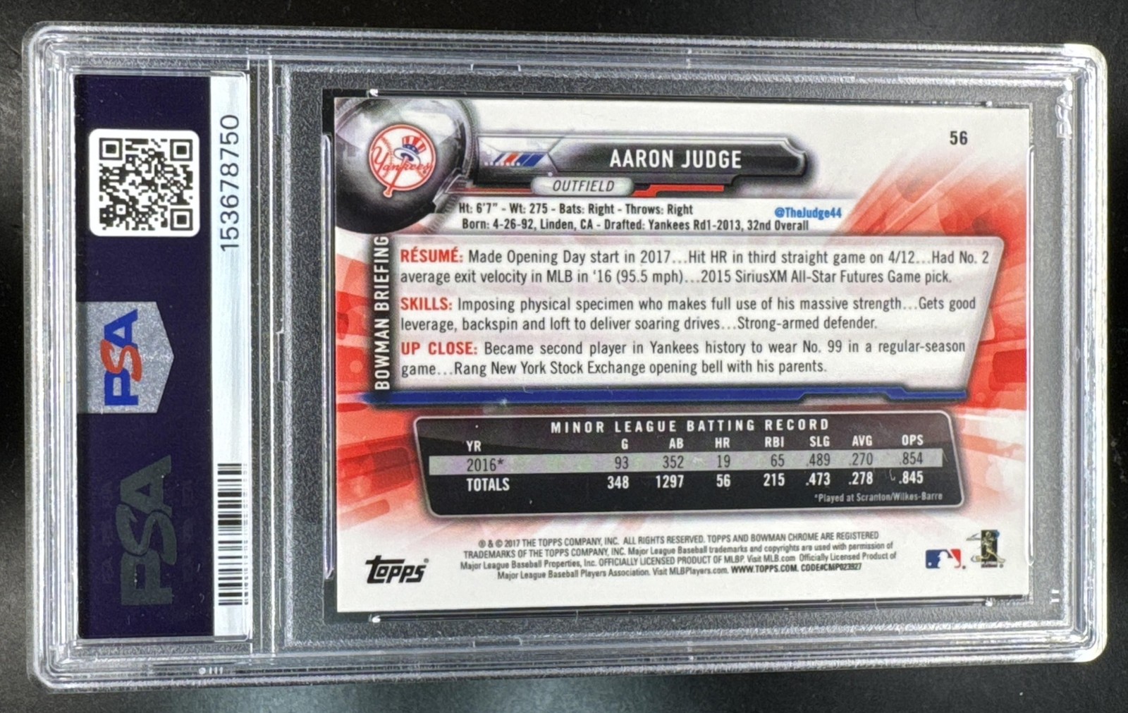 2017 Bowman Chrome Aaron Judge #56 RC Yankees PSA 10 view 2