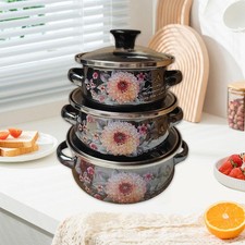 Lot de 3 marmites en émail avec poignées, effet miroir fleuri, légères avec