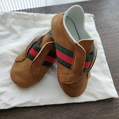 Gucci Baby First Shoes Brown Suede Web Stripe Sneakers 11.9cm 4.7