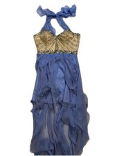 Sherri Hill Women Jeweled Sweetheart Neck Tiered Dress Blue Tan Silver Size 10