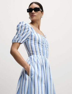 Marks & Spencer Womens Multi Coloured Cotton Midi A line Striped Women Dress