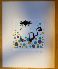 Cat Abstract Modern Watercolor Art on Paper With Matboard Dots Artist Signed