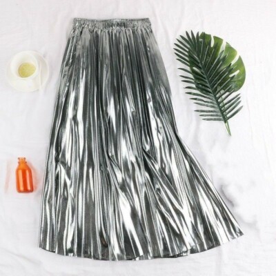 Women Metallic Pleated Skirt Midi Glitter Shiny A Line High Waist Party  Casual
