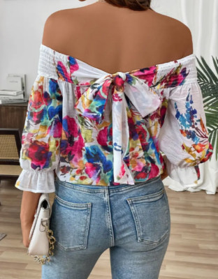 Elegante Schulterfreie Bluse aus Chiffon mit Blumenmuster und Rückenbindung