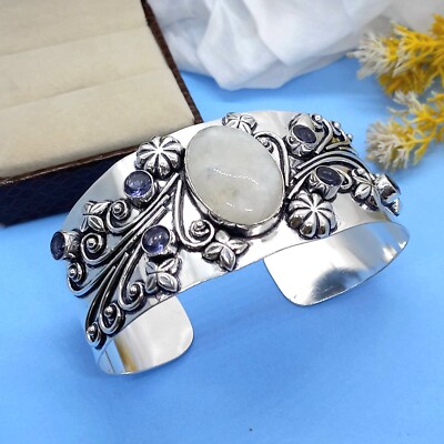 925 Sterling Silver Moonstone & Amethyst Gemstone Jewelry Cuff Bracelet