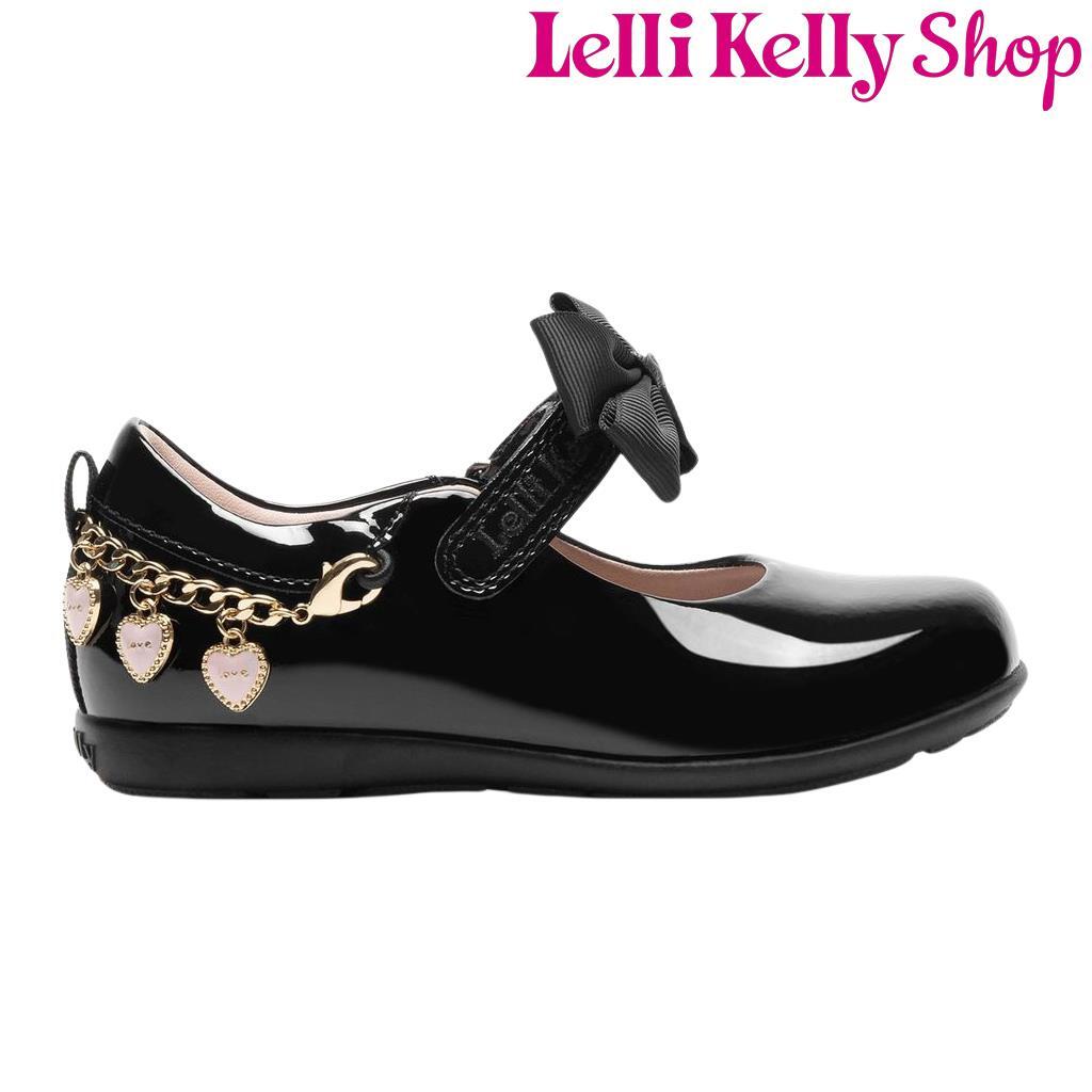 Lelli Kelly Girls School Shoes Annie Heart Charm Black Patent Wide