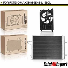 AC Condenser & Cooling Fan w/ Control Module Assembly Kit for Ford C-Max 13-18