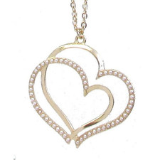 Double Heart with Pearls Pendant Necklace and Earrings Set Gold