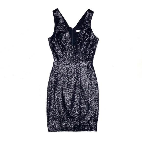 Dress the Population Peyton Plunge Sequin Bodycon Dress Black Holiday NYE XS