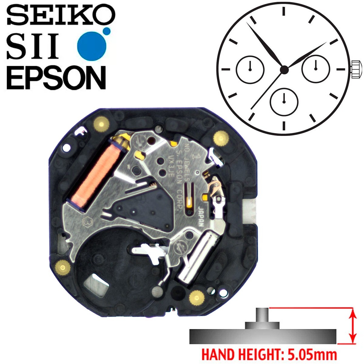 Japan Seiko SII / TMI / Epson VX3JE Watch Movement, 10 1/2, 3