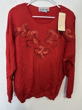 Vintage A Milano Red Knit Shoulder Pads Beaded Pullover Sweater Size Large