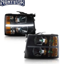 Fit For 2007-2014 Chevy Silverado LED Strip DRL Amber Corner Black Headlights