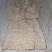 Tweed Cream Gold Sparkle 2-Piece Mini Dress and Cropped Blazer New Flawed
