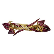 Vtg Heart Shaped Floral Bouquet Enamel Rhinestone Hair Clip Burgundy Gold Tone