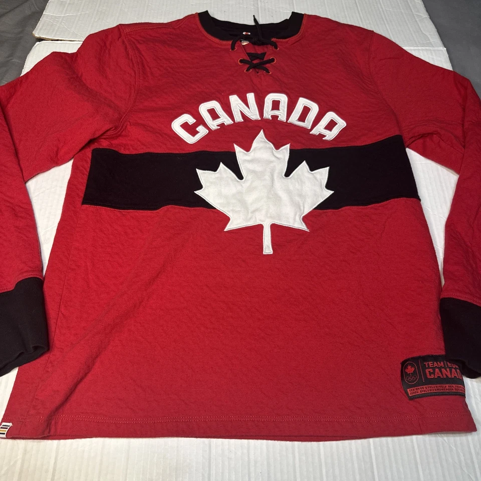 Hudson's Bay Red Jersey Mens Medium Red Olympic Patch Canada Logo LongSleeve #18 - Image 2 of 4