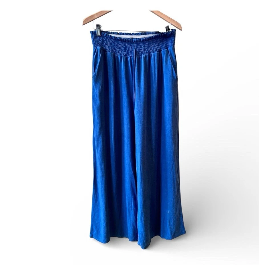 Linen Palazzo Pants Sz M Blue Wide Elastic Waistband Wide Leg NWOT