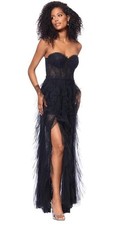 NWT Betsy Adam Black Lace Sequin CorsetTiered Tulle Ruffle Gown Size 6
