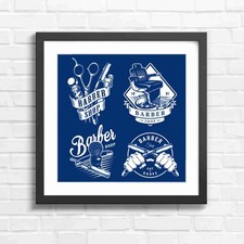 Retro Barber Shop Tools And Chair Illustration Blue Framed Wall Art Print Large