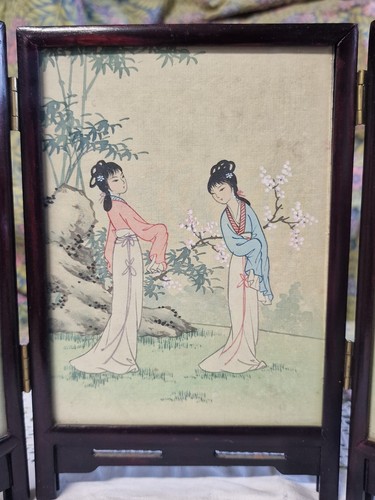 Vintage Chinese Style Miniature Table Screen 3 Panel Double Sided Landscape (photo 2)