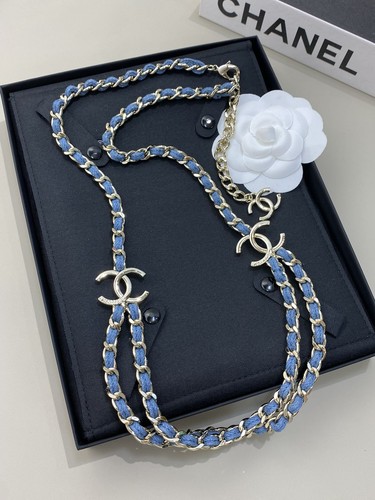 CHANEL Gold Hardware Metal Series Blue Leather Chain CCS Necklace Sweater Chain