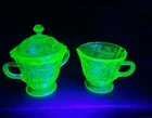 Vintage Uranium Federal Glass Floral Sugar  & Creamer W/ Lid 1930s