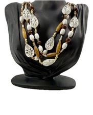 Chunky Necklace  Earrings Set Layered Beaded Wood White Glass Teardrop NWOT