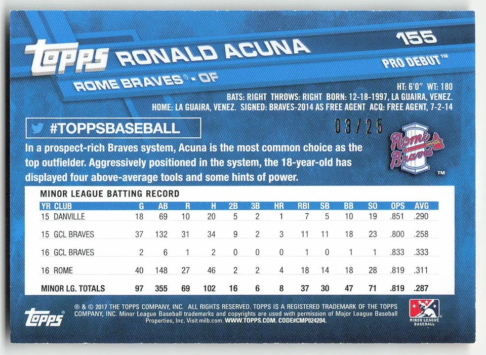 2017 Topps Pro Debut #155 Ronald Acuna BASEBALL Rome Braves - Image 2 of 2
